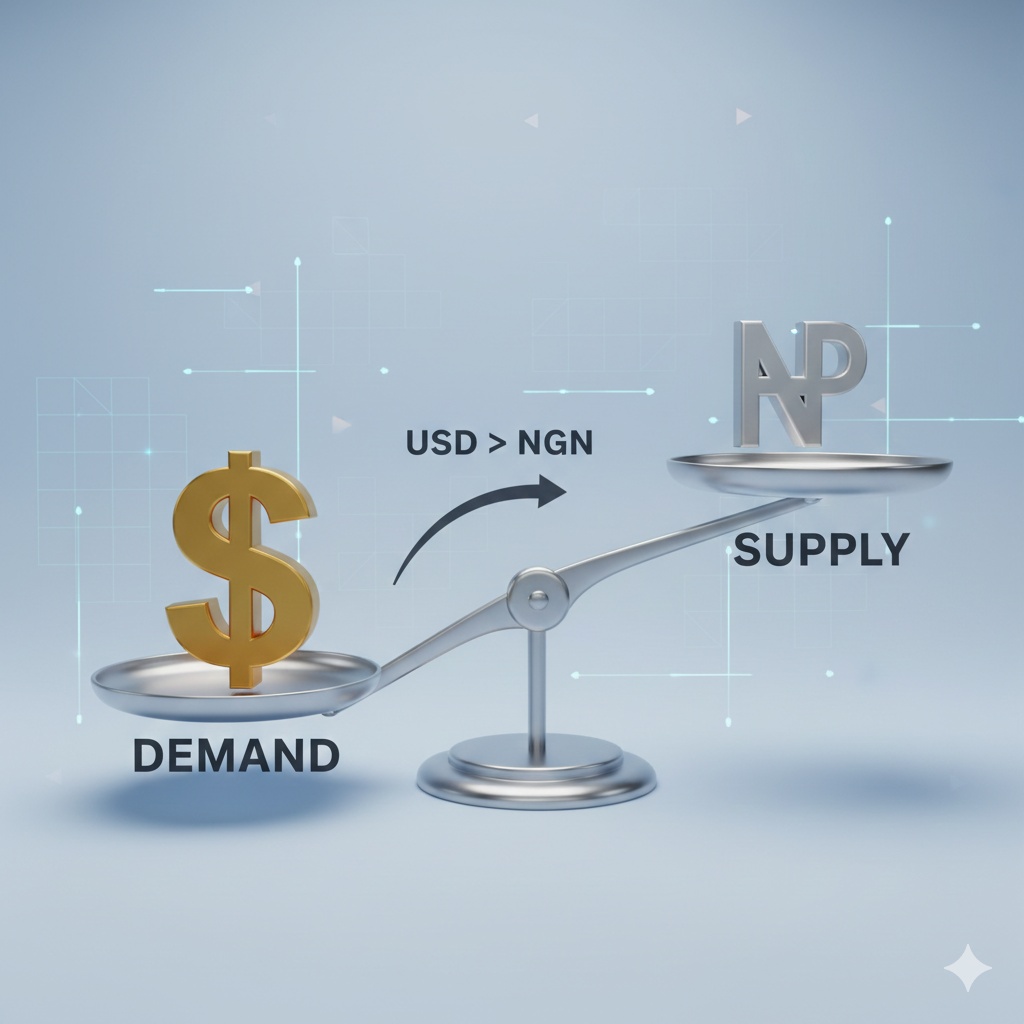 A conceptual 3D infographic showing a balance scale with a Dollar sign outweighing a Naira sign, illustrating currency demo