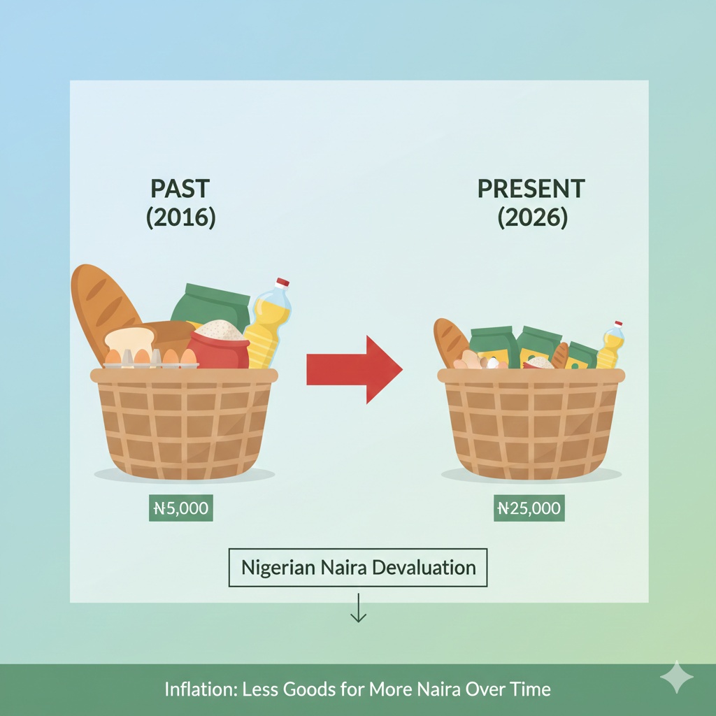 A conceptual infographic showing a basket of goods representing the impact of inflation on the Nigerian Naira.