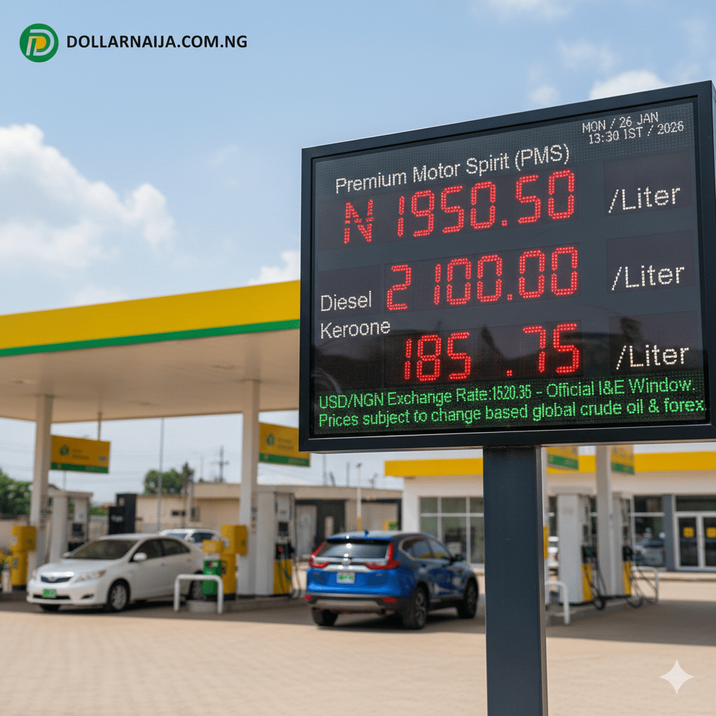A digital display at a Nigerian fuel station showing price indicators influenced by exchange rates (1)