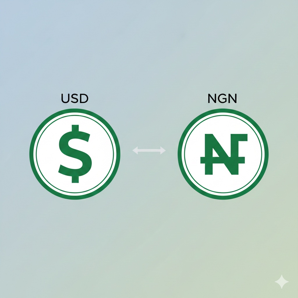 A neutral illustration showing the US Dollar and Nigerian Naira currency symbols side by side.