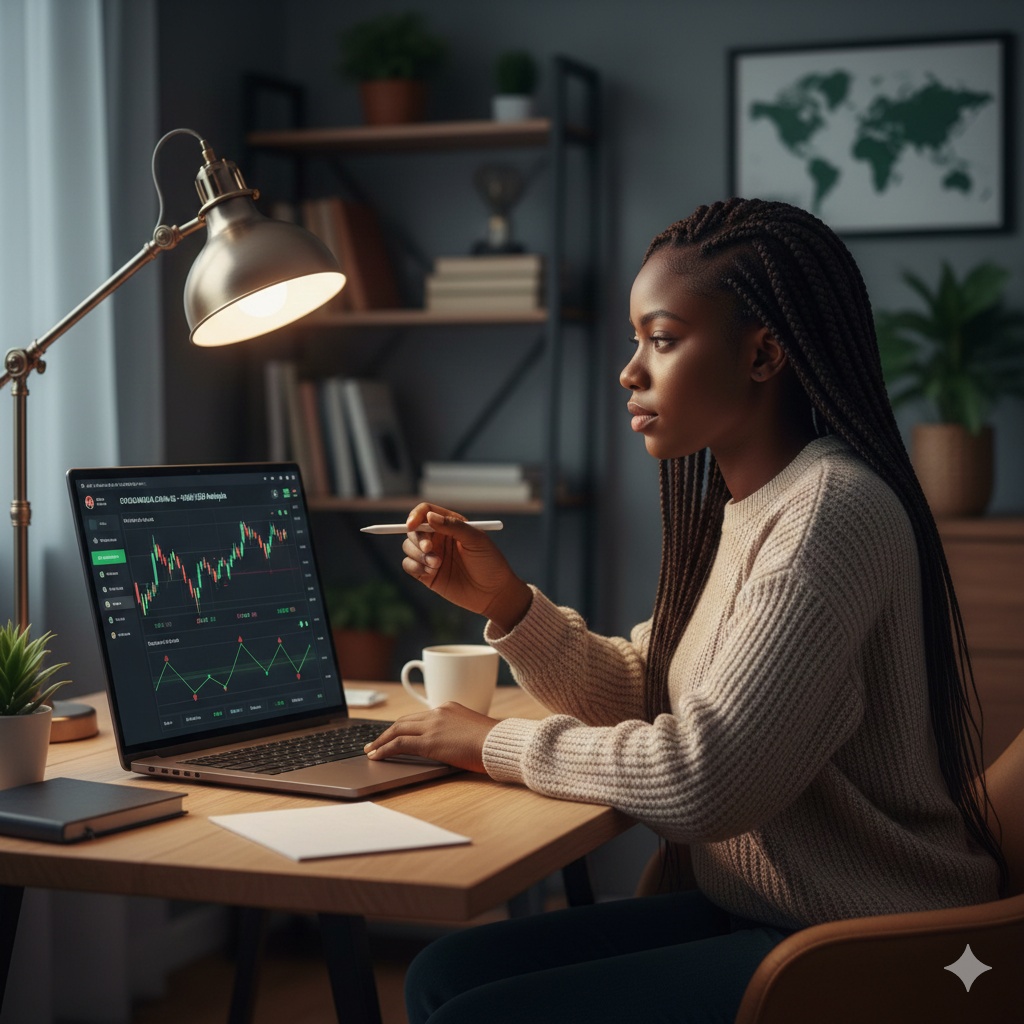 A person reviewing financial charts on a laptop representing currency education and awareness.