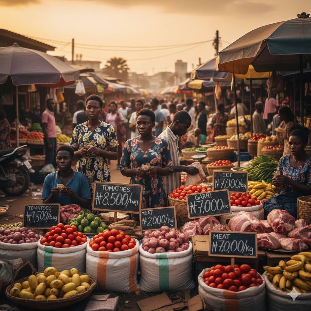 A photo of a typical Nigerian marketplace with groceries, illustrating the impact of inflation on food prices