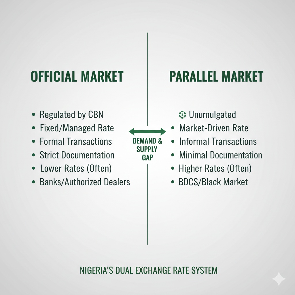 A simple, clean comparison chart labeling the Official Market and the Parallel Market in Nigeria.