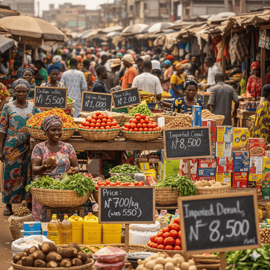 A vibrant Nigerian marketplace showing various commodities influenced by inflation and dollar rates. (1)