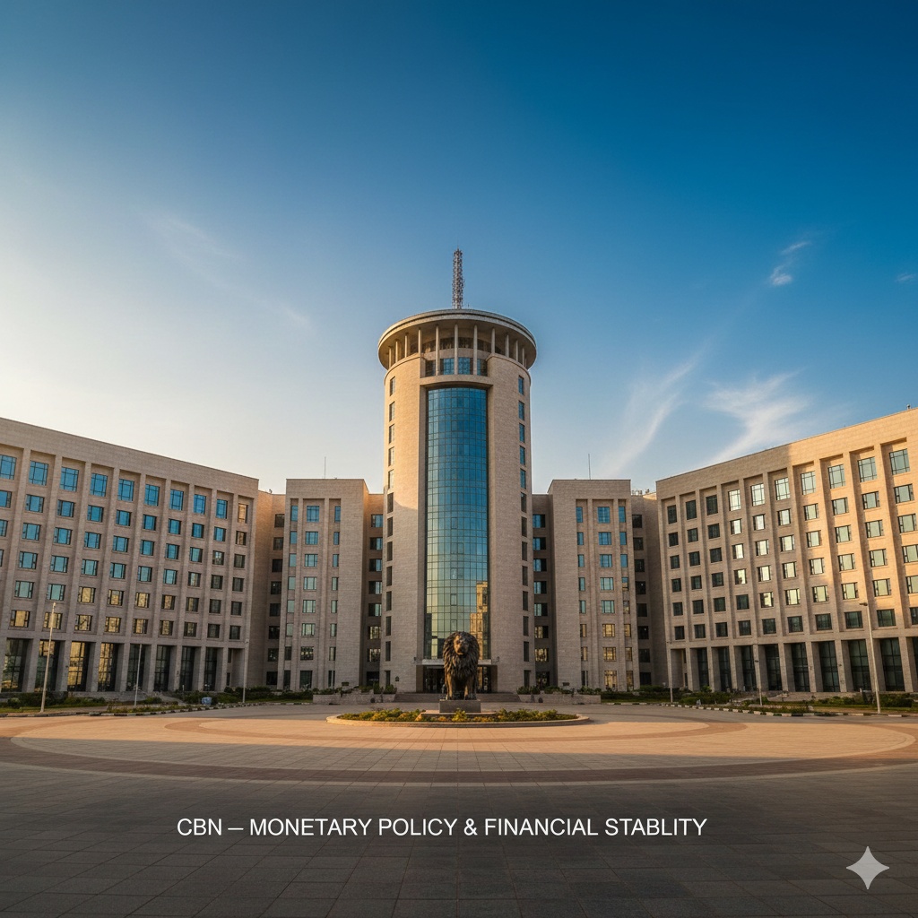An architectural view of the Central Bank of Nigeria (CBN) headquarters in Abuja, representing Nigerian monetary policy