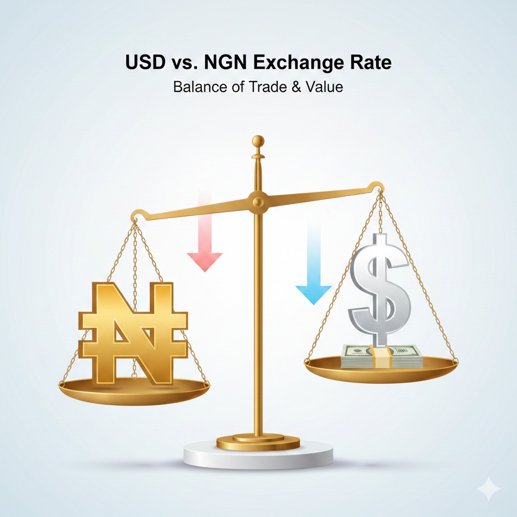 An illustration of the Nigerian Naira symbol and the US Dollar symbol on a balanced scale.