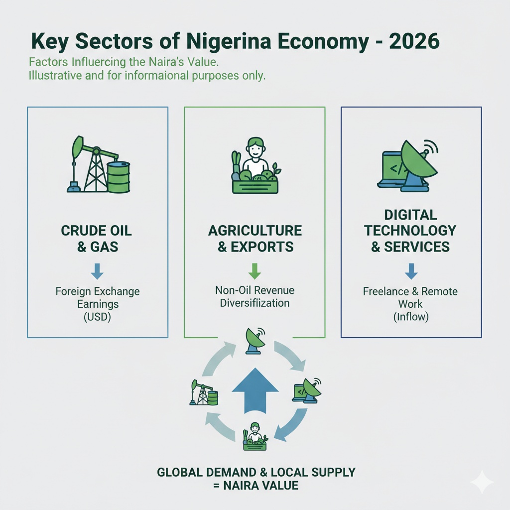 An infographic showing the key drivers of the Nigerian economy including oil exports and commodity imports.