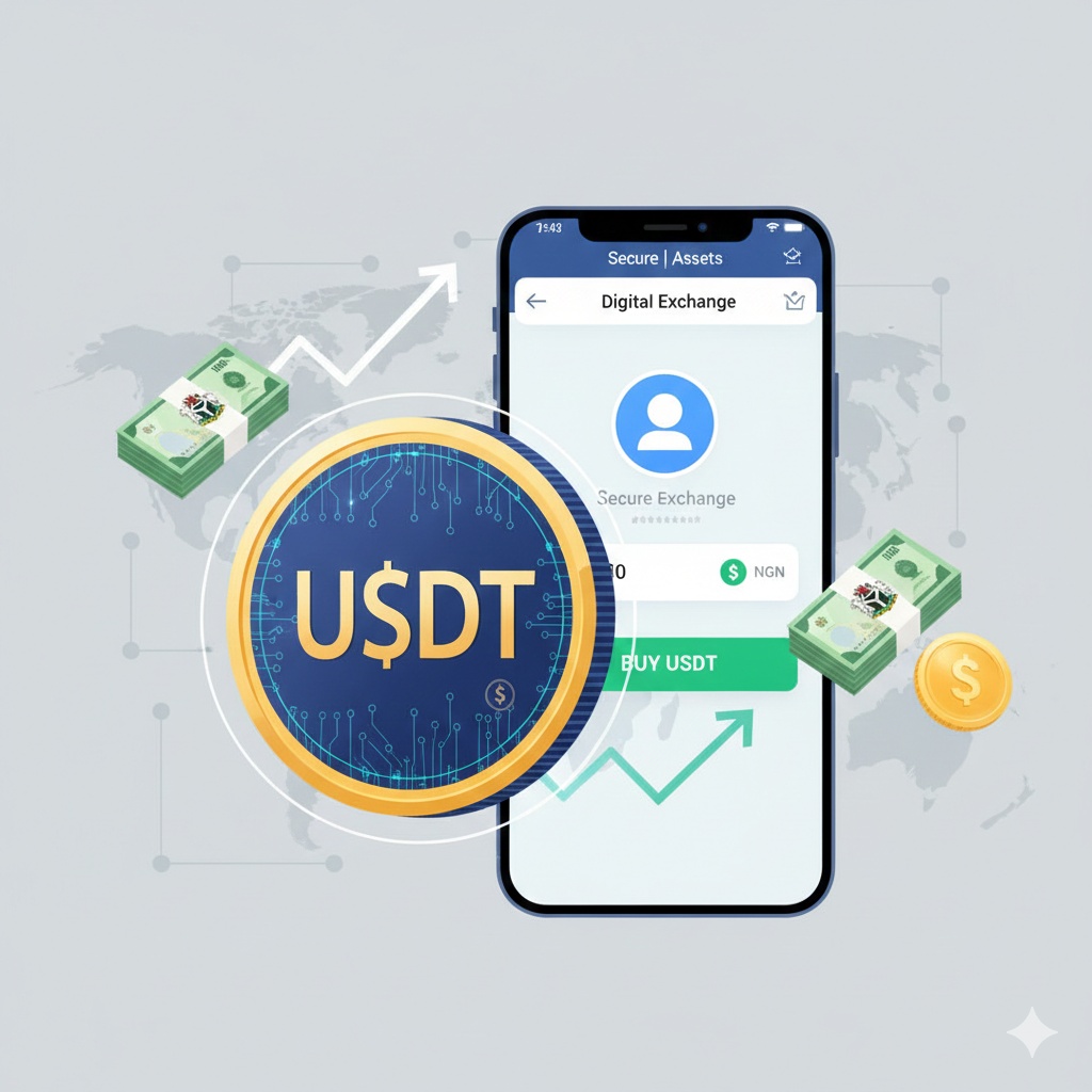 Digital representation of a USDT coin alongside a smartphone screen.