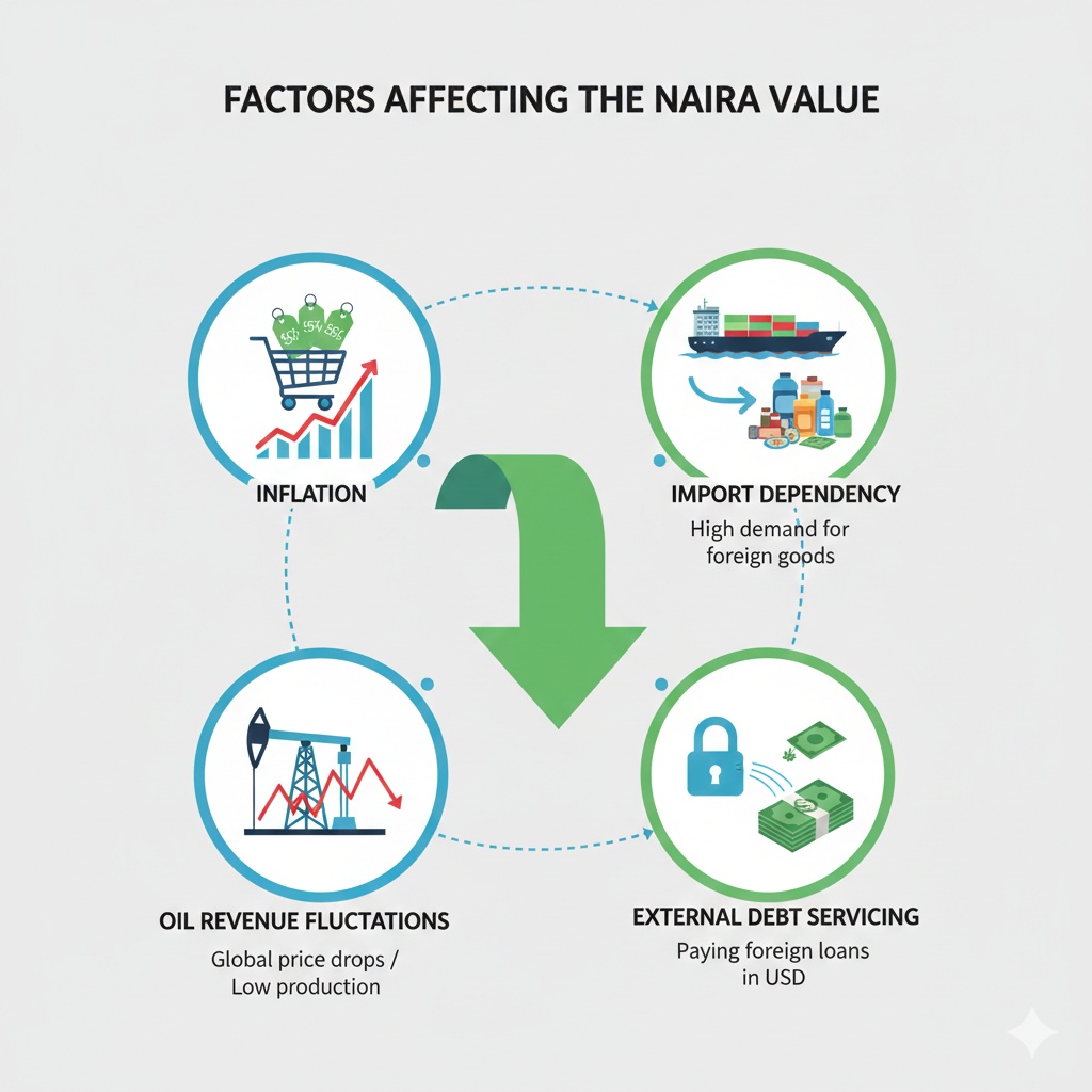 Infographic showing economic factors like inflation, import demand, and oil prices affecting the Naira value.