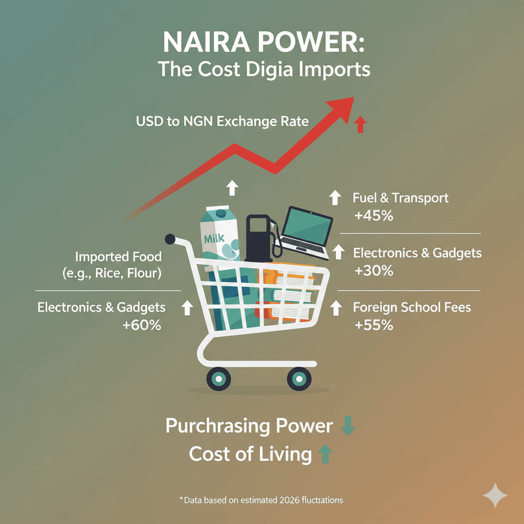 Infographic showing the impact of exchange rate fluctuations on the price of imported goods in Nigeria.