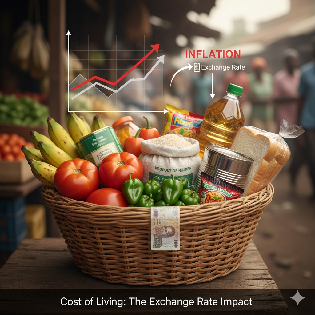 A basket of common Nigerian groceries used to illustrate the impact of inflation and exchange rates.