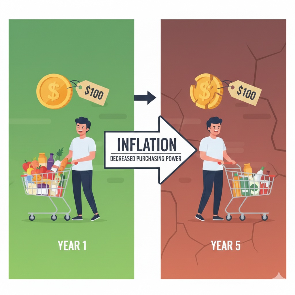 A clean educational infographic showing the relationship between high inflation and the decreasing purchasing power of local currency.
