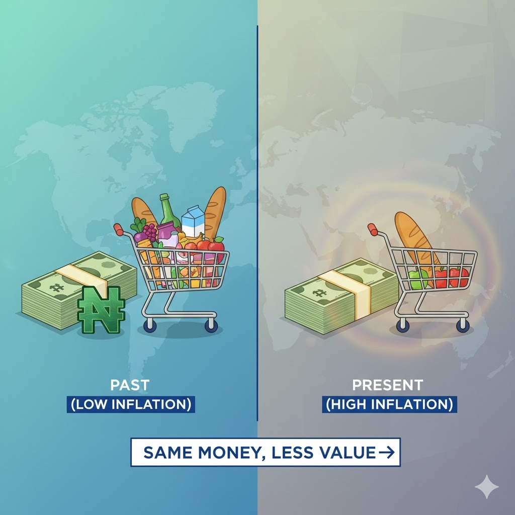 A conceptual graphic showing the impact of inflation on the purchasing power of the Nigerian Naira.