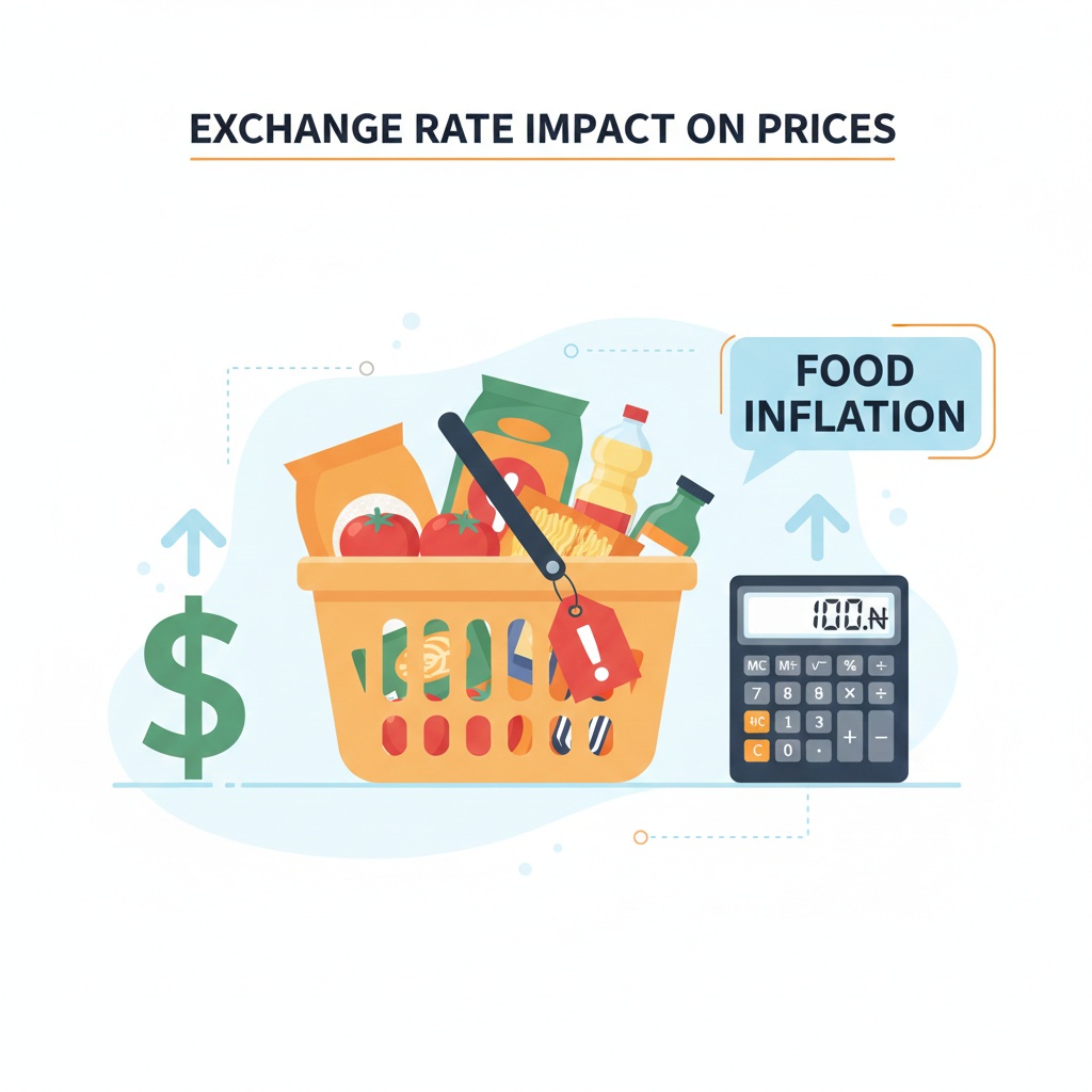 A conceptual image showing a shopping basket and a calculator, representing the impact of exchange rates on food prices in Nigeria.