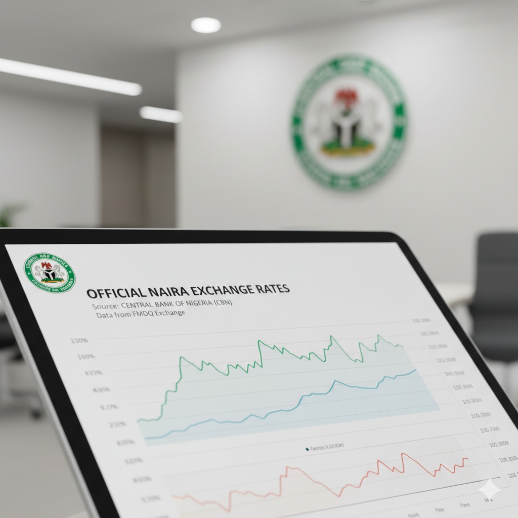 A digital screen displaying financial data with the Central Bank of Nigeria logo in a blurred background.