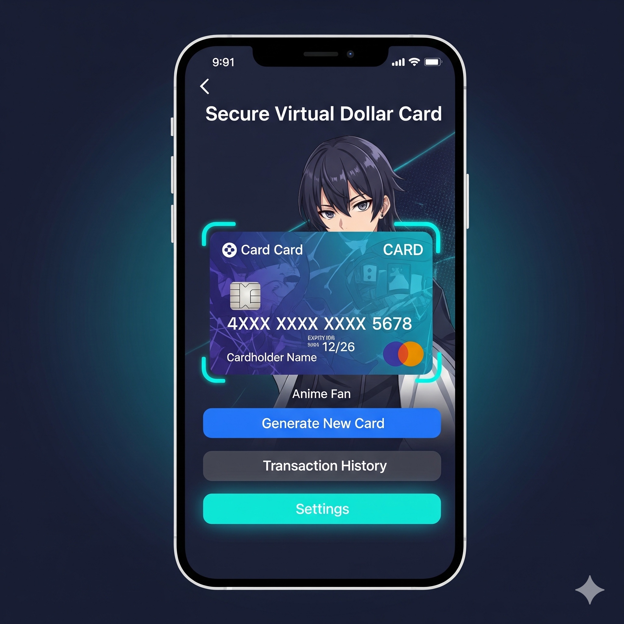A digital smartphone screen displaying a secure virtual dollar card interface used for online international shopping.