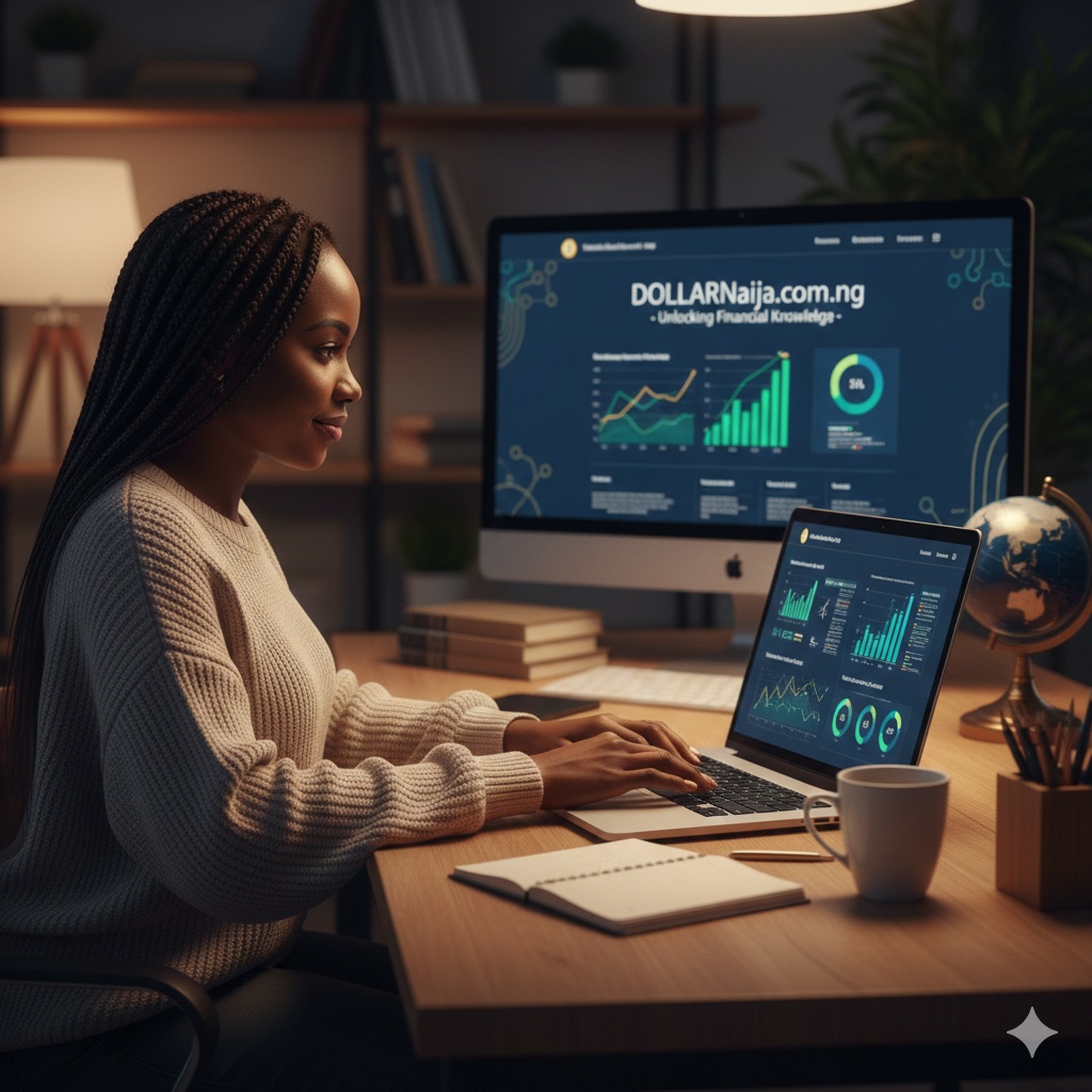 A professional financial blogger typing on a laptop with educational economic charts visible in the background.
