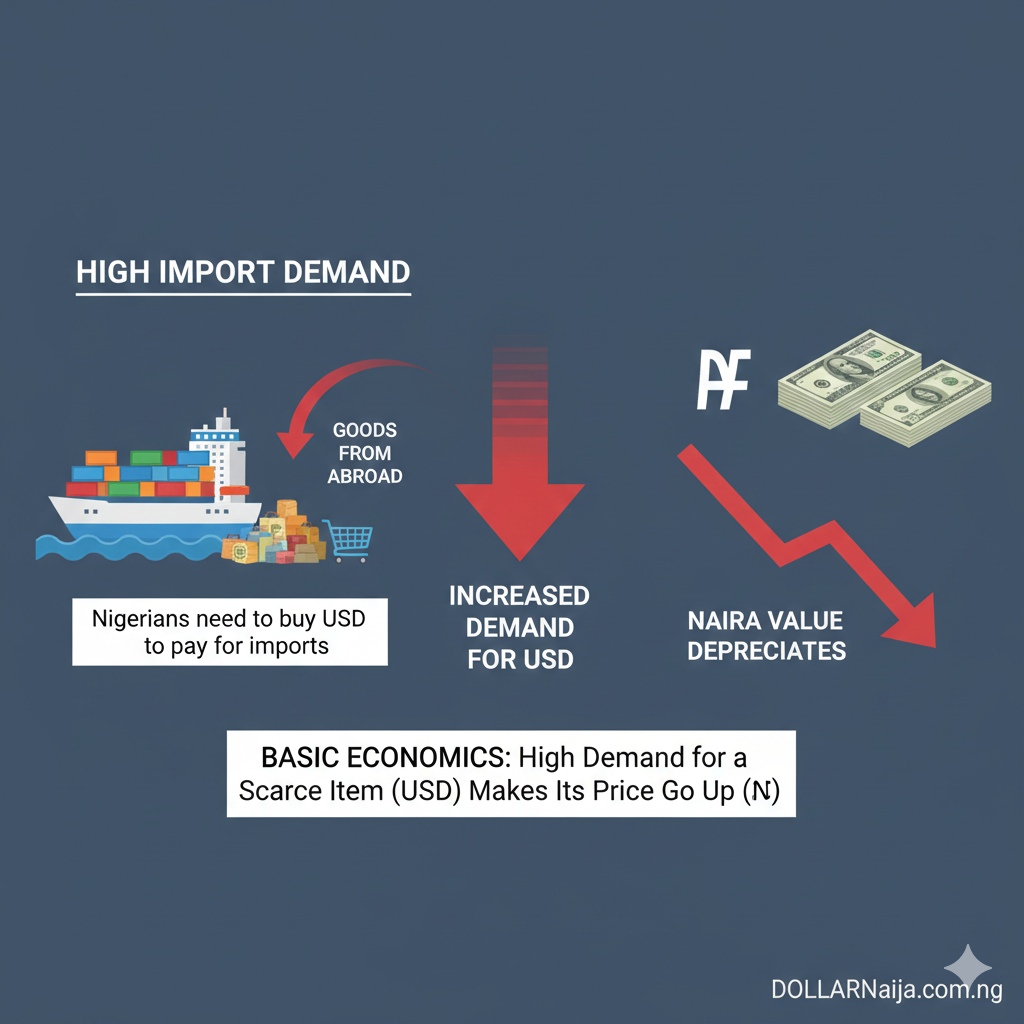 A simple infographic showing the relationship between import demand and currency value.
