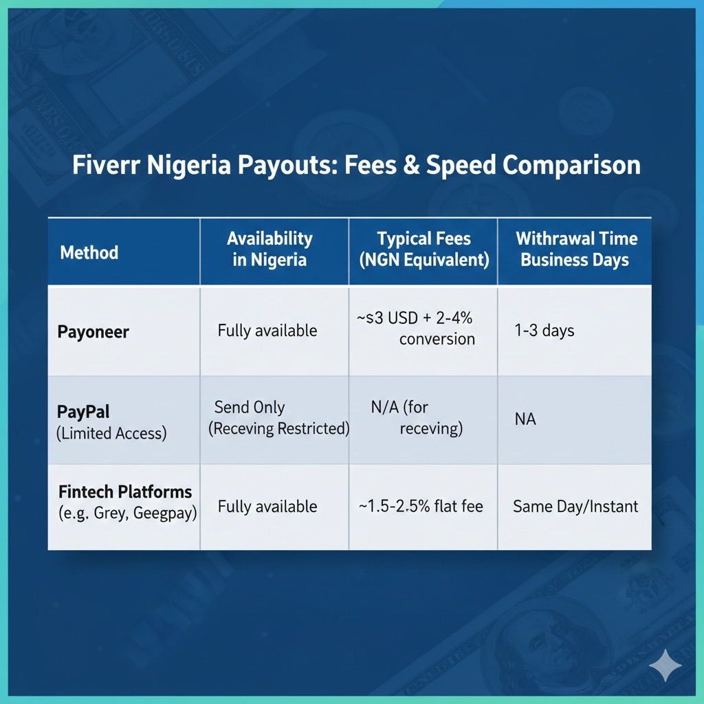 A table comparing fees and withdrawal times for Fiverr payment methods in Nigeria.