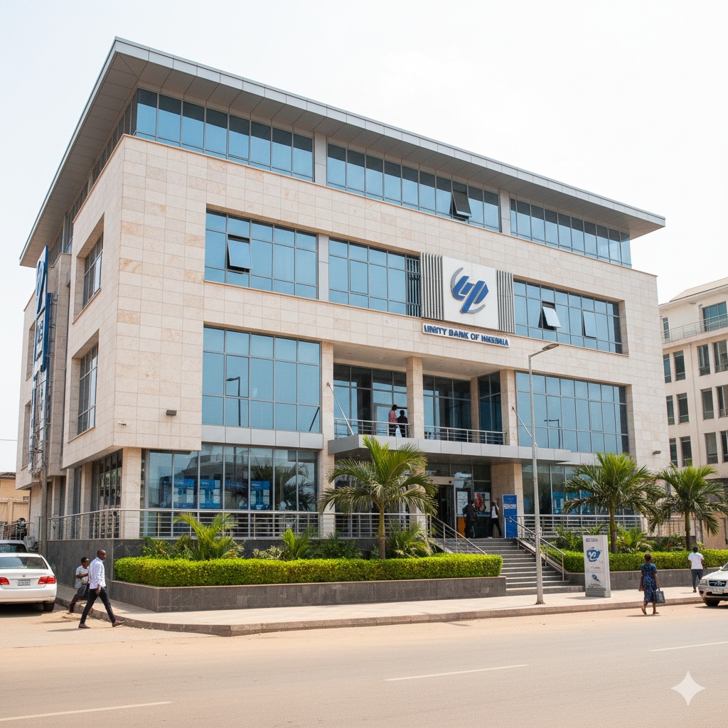 An exterior view of a modern commercial bank building in Nigeria, representing formal financial institutions.