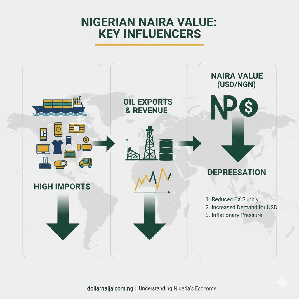 An infographic showing the relationship between imports, oil exports, and the value of the Nigerian Naira.