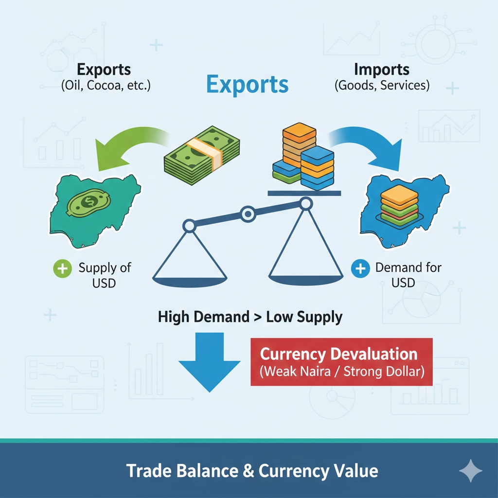 Economic infographic showing the relationship between imports, exports, and currency value.