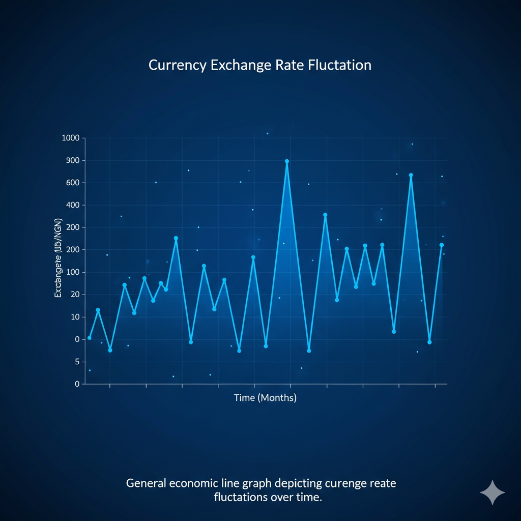 General economic line graph depicting currency exchange rate fluctuations over time.