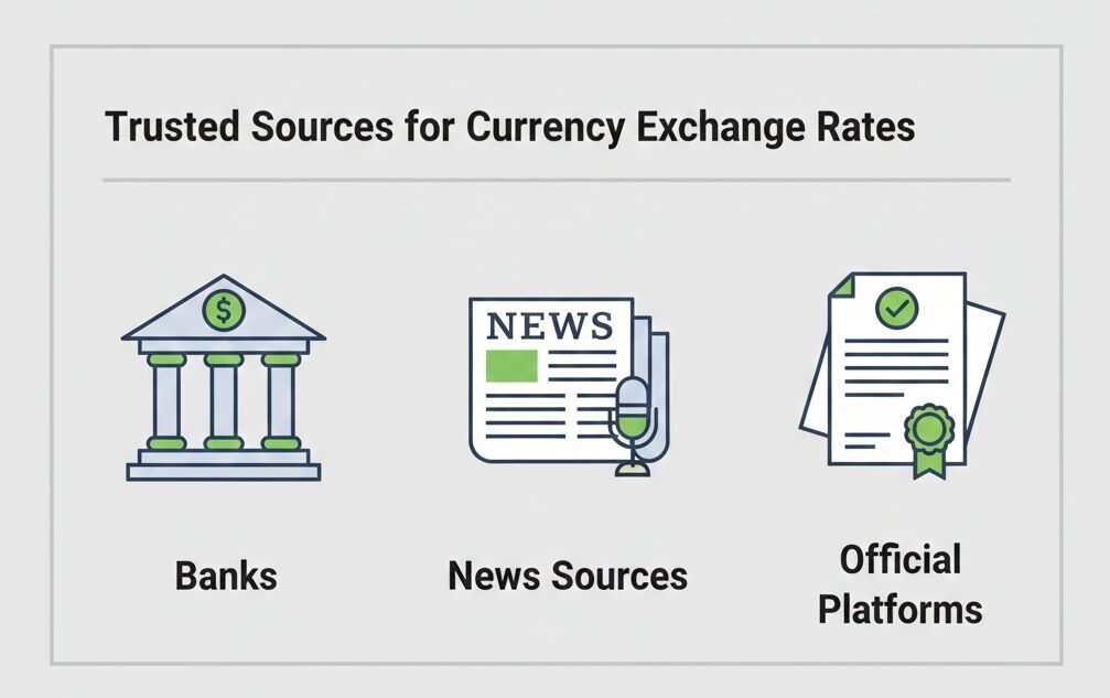 Icons representing banks, news, and official documents for safe currency exchange checking.