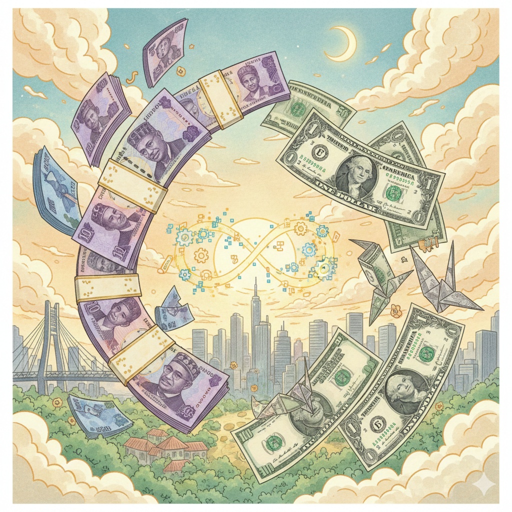 Illustration of Nigerian Naira notes and US Dollar bills side by side representing exchange.