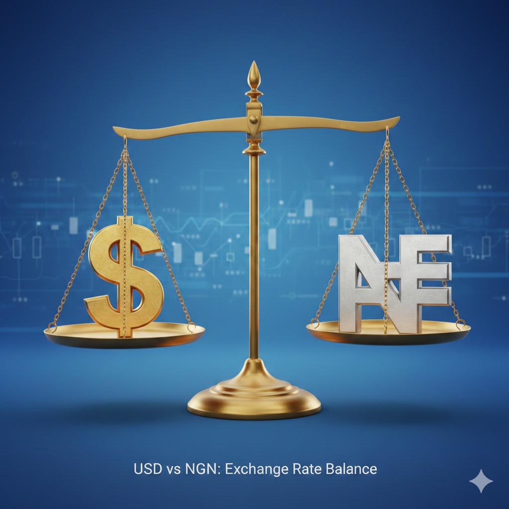 Illustration of US Dollar and Nigerian Naira currency symbols representing exchange rate balance.
