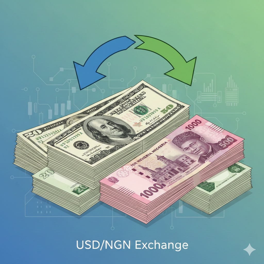 Illustration of United States Dollar bills and Nigerian Naira notes representing currency exchange.