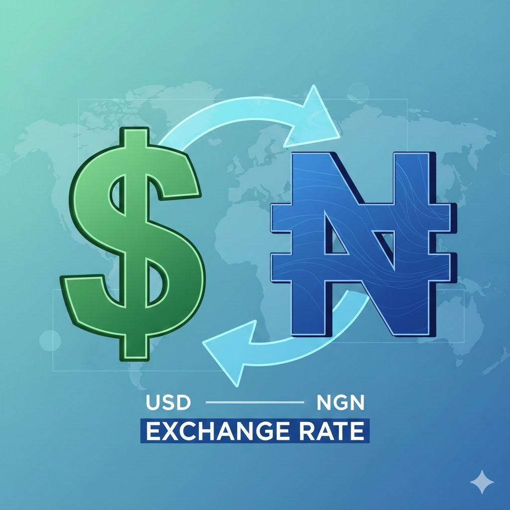 Illustration showing the U.S. Dollar symbol and Nigerian Naira symbol representing currency exchange.