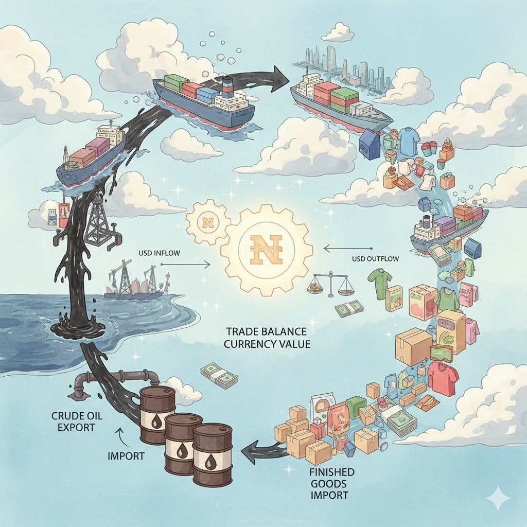 Infographic showing Nigeria's export of crude oil and import of finished goods affecting currency value.