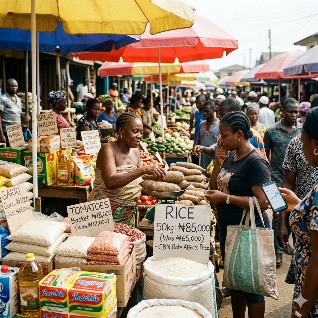 A marketplace scene in Nigeria representing the impact of inflation and exchange rates on food prices.