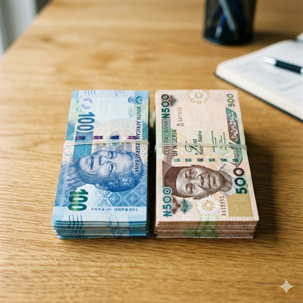 A stack of South African Rand banknotes next to Nigerian Naira banknotes on a neutral wooden surface