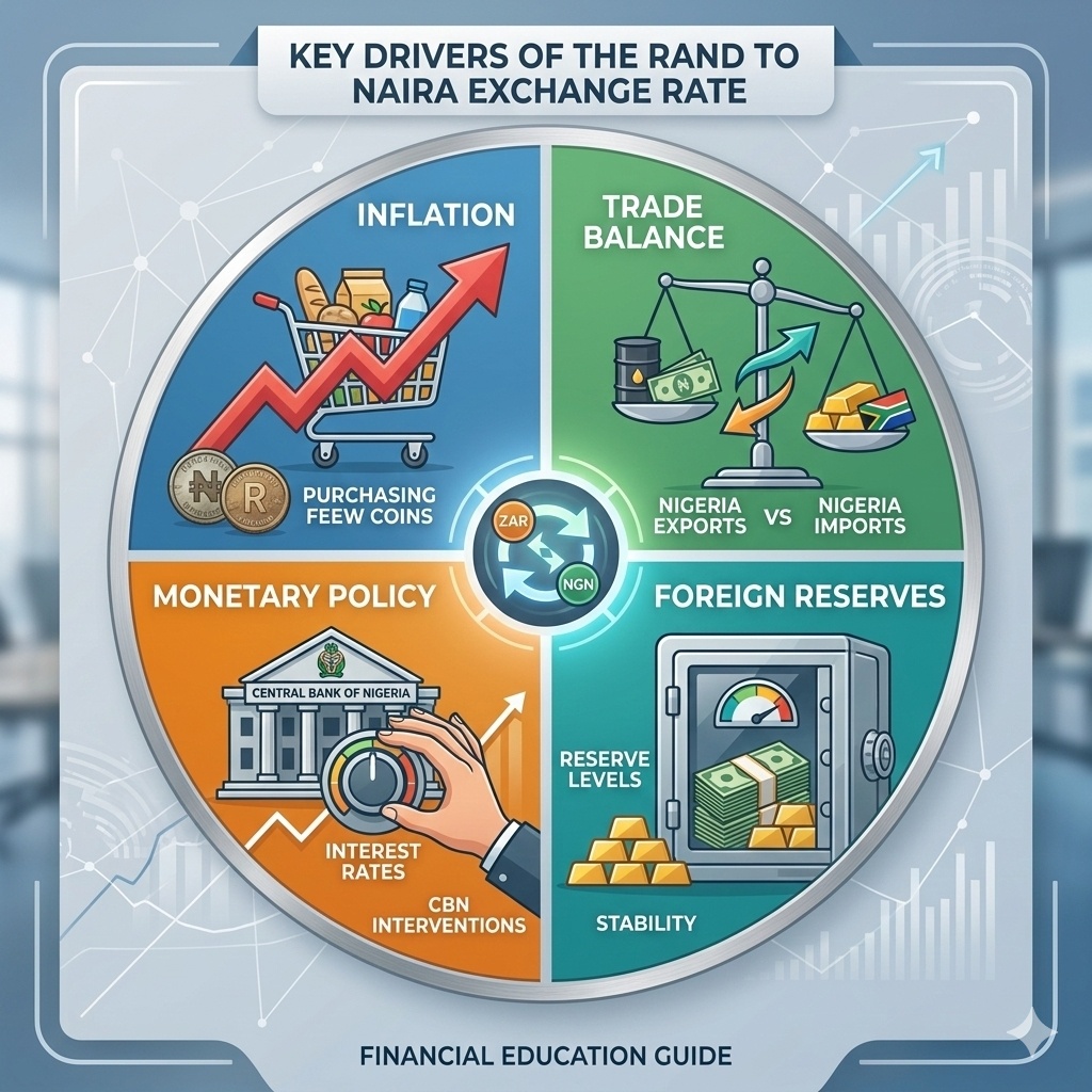 An infographic showing icons for inflation, oil barrels, and gold bars to explain exchange rate drivers.