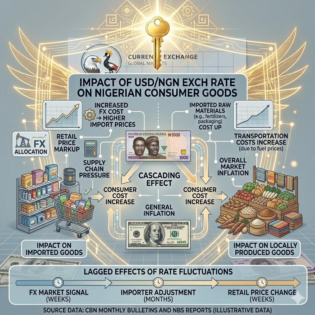An infographic showing the relationship between imports, oil revenue, and the dollar to naira exchange rate.