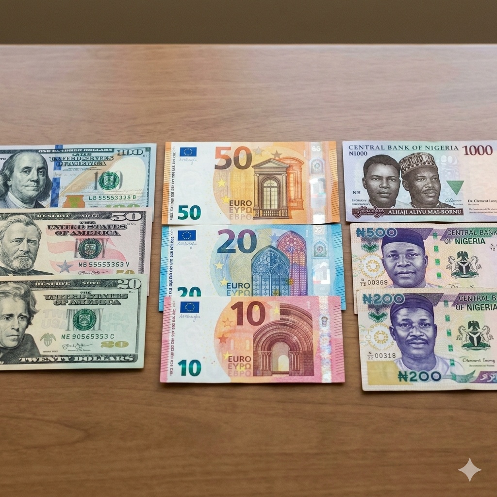 Illustration of United States Dollar, Euro, and Nigerian Naira banknotes on a neutral background.
