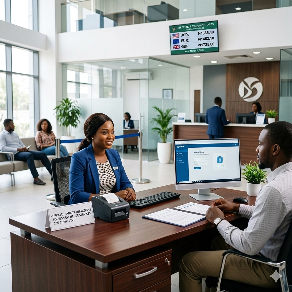 Interior of a modern Nigerian bank representing official and secure financial transactions.