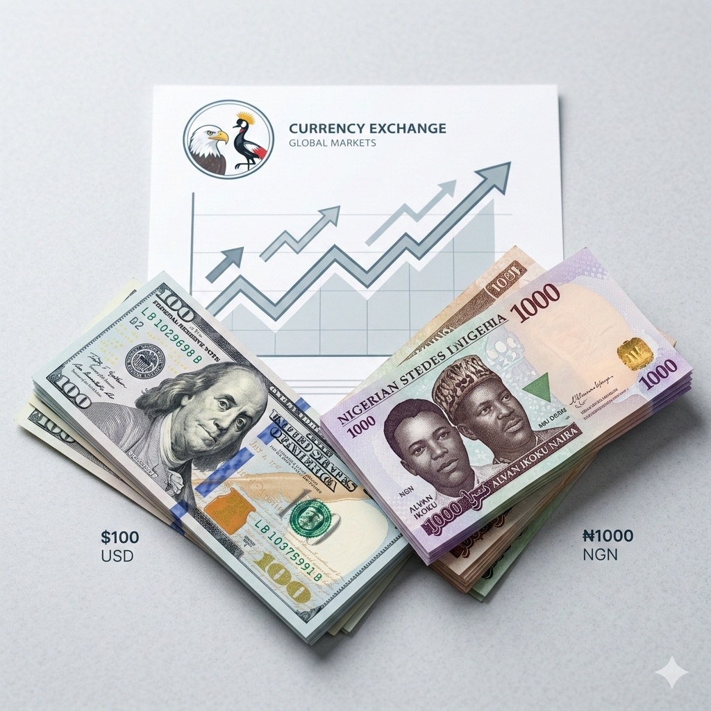 Professional illustration of US Dollar notes alongside Nigerian Naira notes for exchange rate comparison.