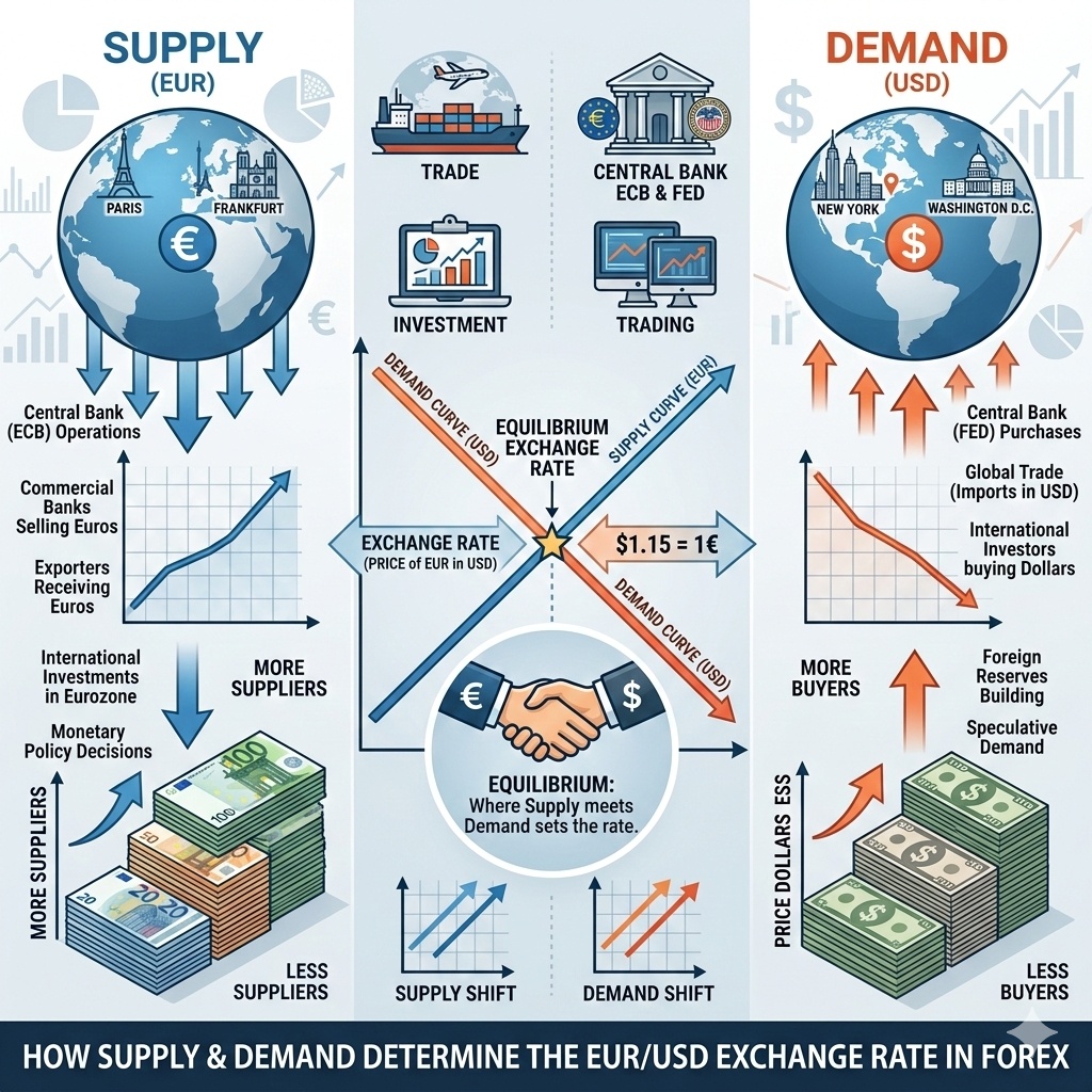 Simple infographic showing the relationship between currency supply, demand, and exchange rate fluctuations.